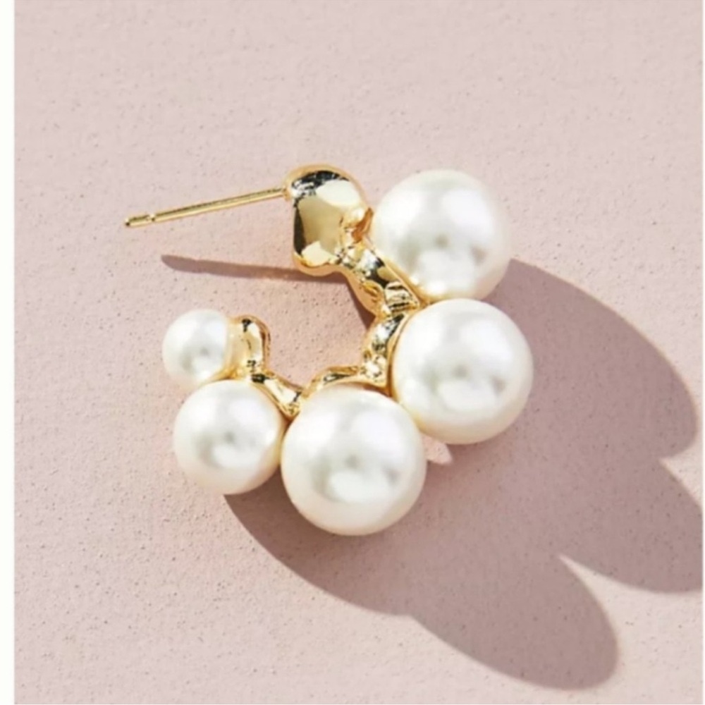 PEARL HUGGIE HOOP EARRINGS - Picture 2 of 4